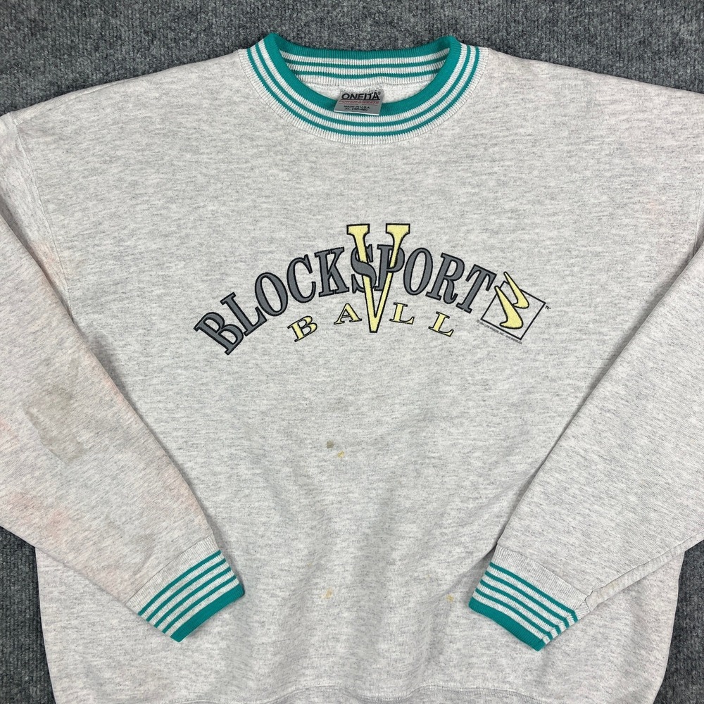 Oneita Sweatshirt Mens XL Gray Blocksport Vintage Crewneck‎ Striped Trim Retro